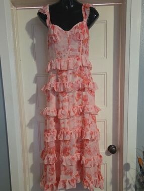 Ruffled Pink Floral Maxi Dress with Tiered Skirt